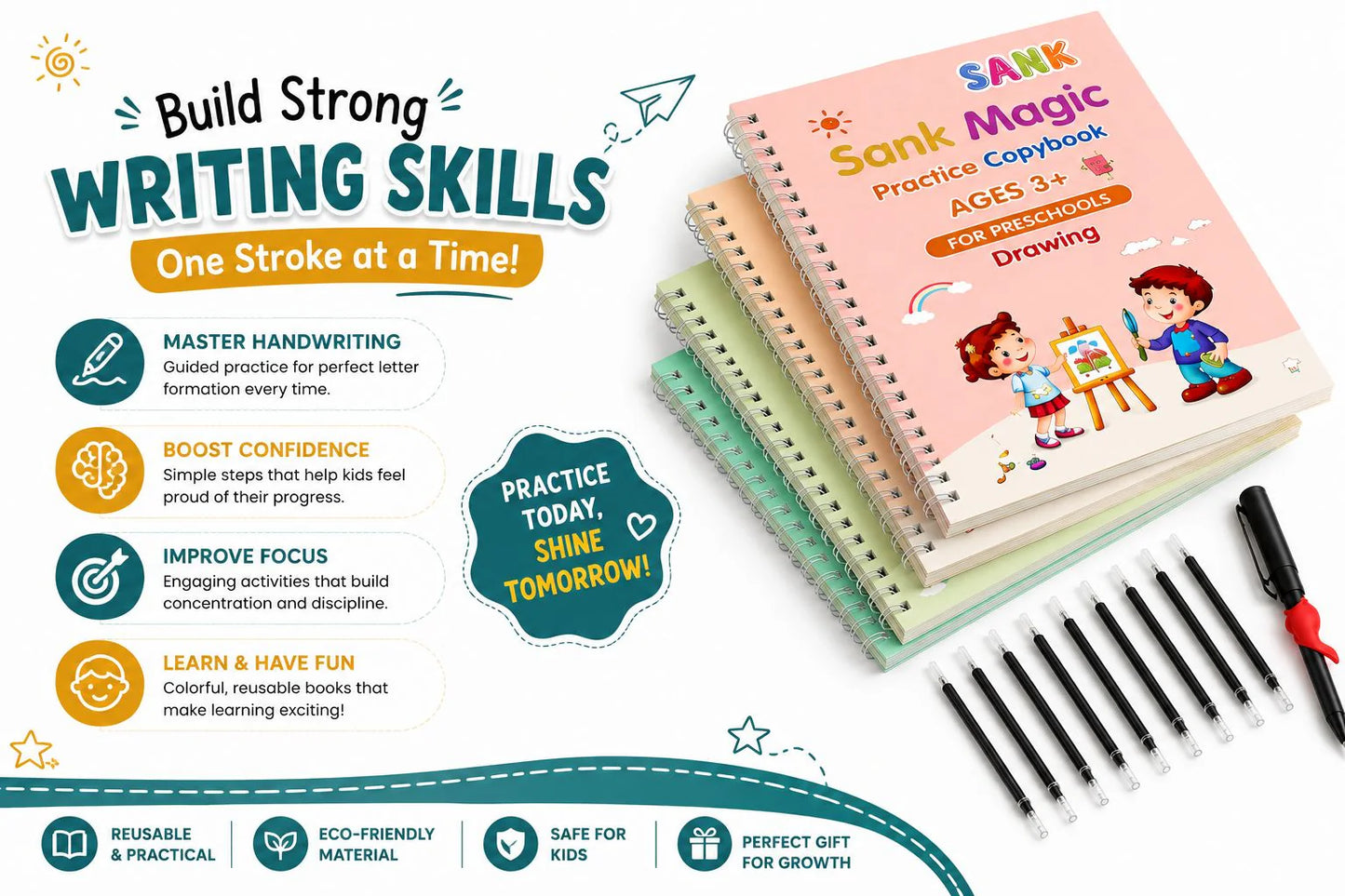 SANK Magic Practice Copybook Set | 4 Reusable Books + 10 Refills + 1 Magic Pen