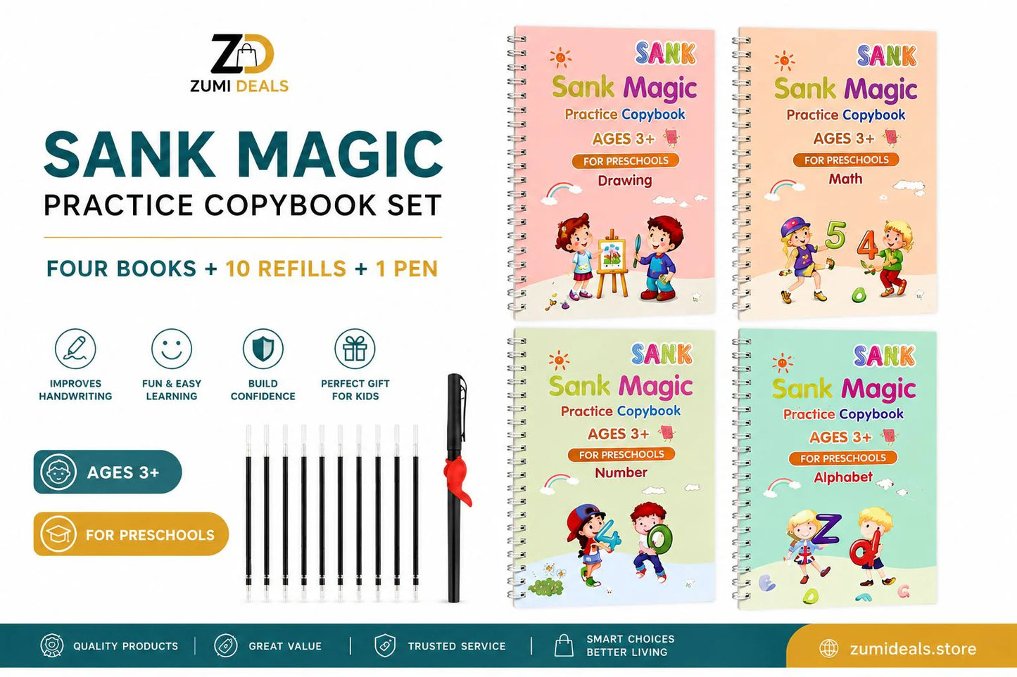 SANK Magic Practice Copybook Set | 4 Reusable Books + 10 Refills + 1 Magic Pen