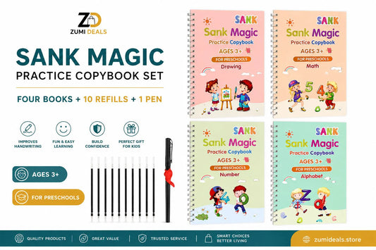SANK Magic Practice Copybook Set | 4 Reusable Books + 10 Refills + 1 Magic Pen