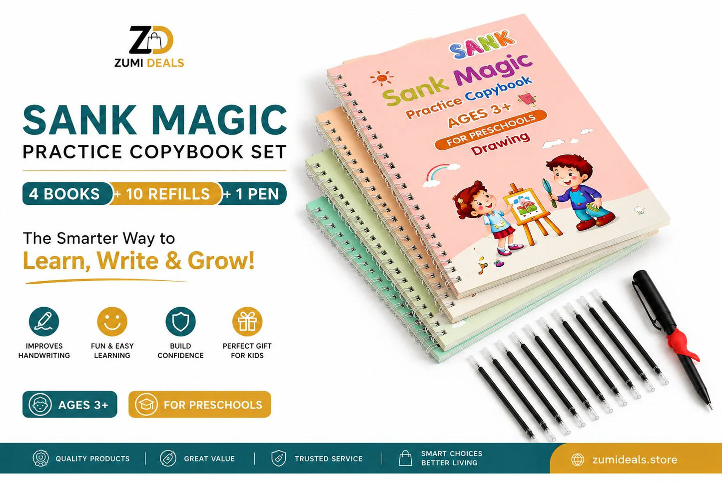 SANK Magic Practice Copybook Set | 4 Reusable Books + 10 Refills + 1 Magic Pen
